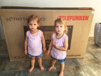 2018 Little Winners of one of the big televisions, Sarah and Rachel Pretorius. Thanks QCJ Grade 1 Teacher, Lesley for buying the Bonanza Ticket for your twins :)